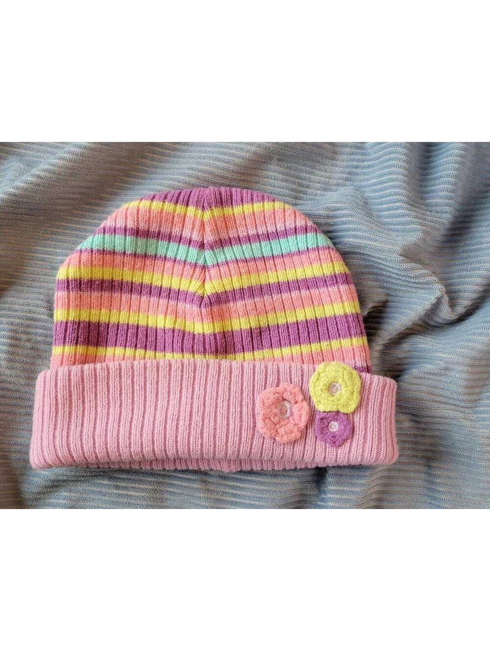 Toddler Purple Striped Knit Beanie Hat w Crocheted Flowers